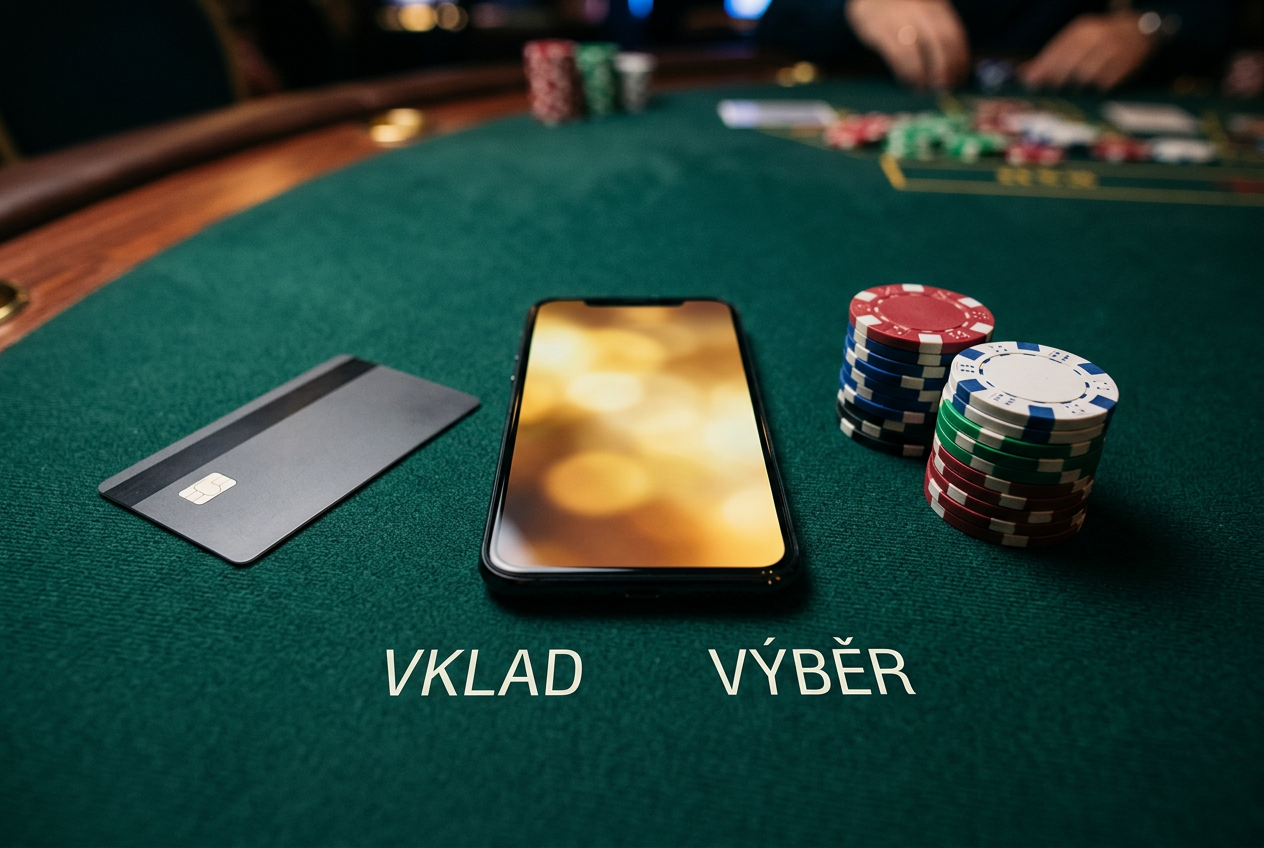 Detailní záběr na neoznačenou platební kartu a chytrý telefon na zeleném filcu s žetony